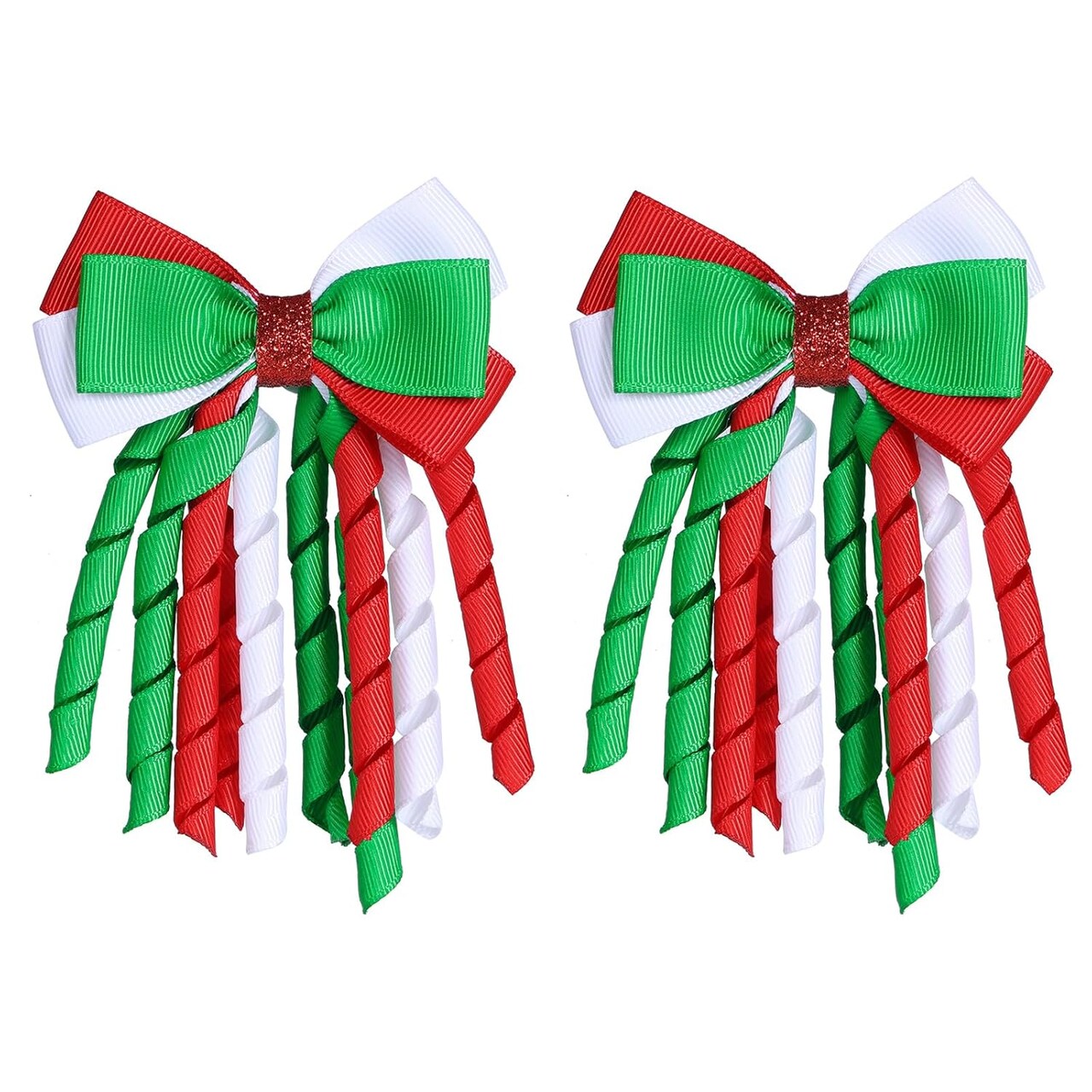 Christmas Hair Bow Clips 3 Inch Curly Ribbon Hair Clips Kids Girls Handmade Cheer Hair Accessories for Christmas Party Decor, Green & Red & White